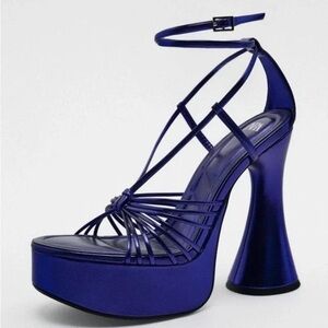 Zara metallic cobalt blue strappy platform 70s 80s retro disco high heels Sz 39